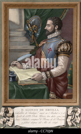 Alonso de Ercilla (1533 – 1594). Spanischer Adliger, Soldat und epischen Dichter. Farbige Gravur. Stockfoto