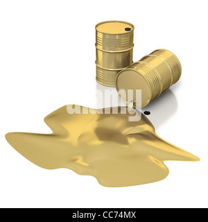 Zwei goldene Ölfässer mit goldenen Öl verschütten auf weißem Hintergrund Stockfoto
