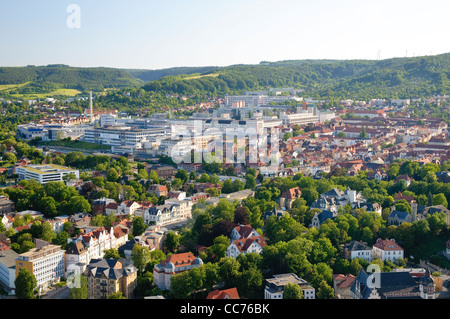 Blick von der Jentower Wolkenkratzer auf die Unternehmen Jenapharm, Carl Zeiss und Schott, Jena, Thüringen, Deutschland, Europa Stockfoto