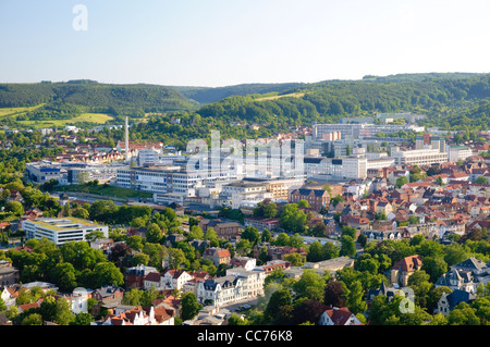 Blick von der Jentower Wolkenkratzer auf die Unternehmen Jenapharm, Carl Zeiss und Schott, Jena, Thüringen, Deutschland, Europa Stockfoto