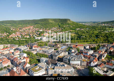 Blick von der Jentower Wolkenkratzer auf Jena und die Kernberge Berge, Jena, Thüringen, Deutschland, Europa Stockfoto