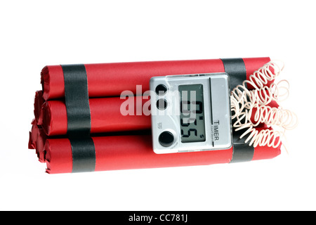 Symbolbild, Zeitbombe. Bombe, Sprengladung, Kriminalität, Terrorismus. Veröffentlicht von Wecker, Timer. Stockfoto