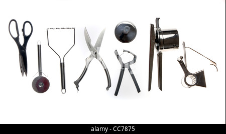 Zusammenstellung von verschiedenen Küchenutensilien, Küchenutensilien. Stockfoto
