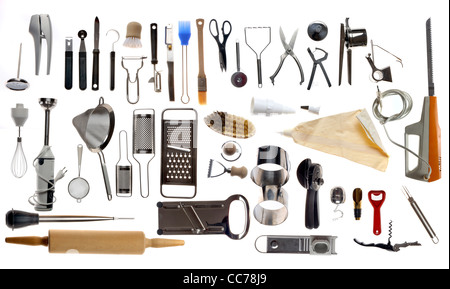 Zusammenstellung von verschiedenen Küchenutensilien, Küchenutensilien. Stockfoto