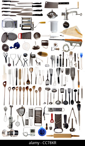 Zusammenstellung von verschiedenen Küchenutensilien, Küchenutensilien. Stockfoto