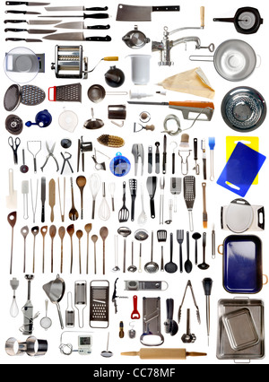 Zusammenstellung von verschiedenen Küchenutensilien, Küchenutensilien. Stockfoto