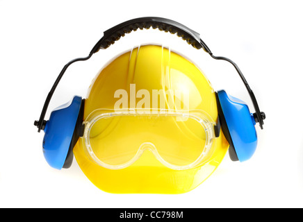 Schutzausrüstung für Arbeitnehmer. Schutzhelm, Schutzhelm, Schutzbrille, Gehörschutz. Stockfoto