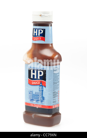 eine Plastikflasche traditionelle HP Soße, braune Soße, Stockfoto