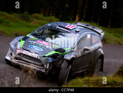 Ken Block in Aktion aus Wales Rallye GB 2011 - Schäden an der Vorderseite des Fahrzeugs nach einem Zwischenfall in einem Graben links Stockfoto