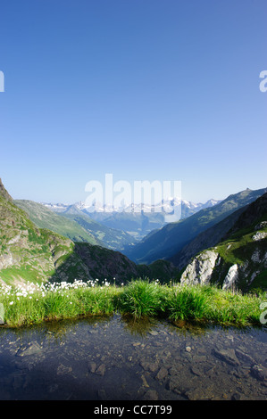 Berge mit kleinen See am Morgen. Ansicht von Terri-Hütte, Greina, Schweiz Stockfoto