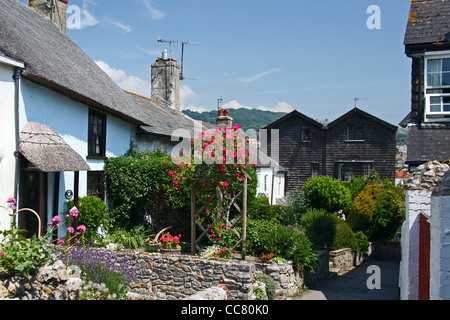 Alte Häuser mit bunten Gärten in Lyme Regis, Dorset, England, UK Stockfoto