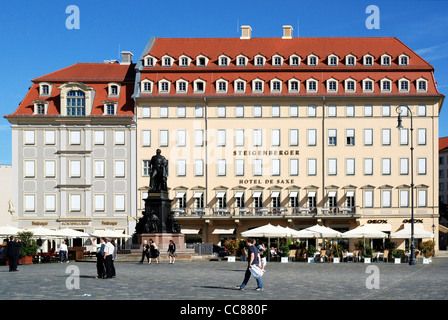 Quadratische Neumarkt in Dresden mit dem Hotel de Saxe. Stockfoto