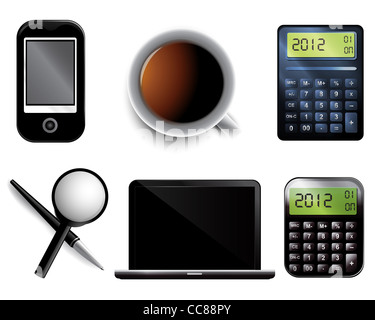 Set von Business Icons einschließlich Stift mobile Laptop Lupe Rechner und Tasse Tee. Stockfoto