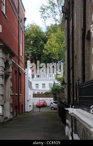 Ein vertikales Bild von einer Gasse führt zu einer Einfahrt und Haus in Chelsea London. Stockfoto