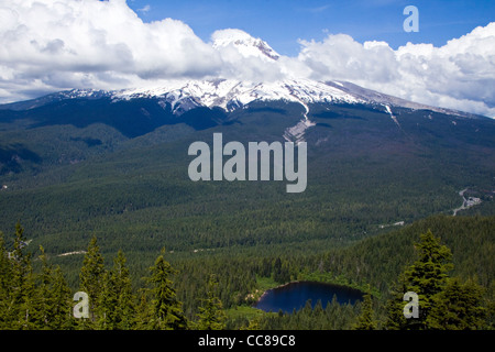 Mt. Hood und Mirror Lake angesehen vom Wanderweg durch den MT Hood National Forest Stockfoto