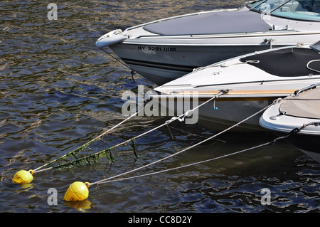 Motor Boote vertäut an der Boje, Seil Stockfoto