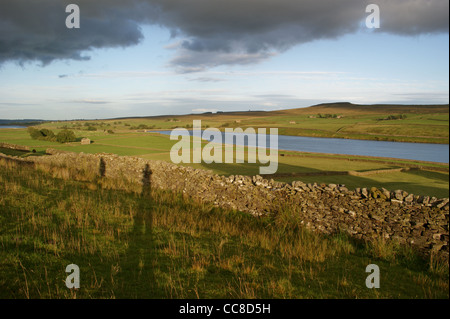 Trocknen von Stein, Mauerwerk, Sonnenuntergang, des Fotografen Schatten, Jury Reservoir, Baldersdale, Teesdale, County Durham, England Stockfoto