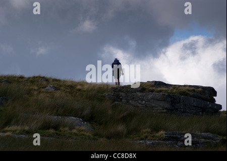 Ein einsamer Wanderer auf der Pennine Way Goldsborough Rigg, Baldersdale, Teesdale, County Durham, England Stockfoto