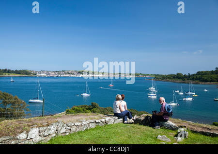 Besucher genießen die Aussicht über Strangford Lough, Portaferry von Audley Schloss, Schloss Station Immobilien, County Down, Nordirland. Stockfoto