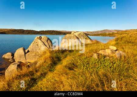 Am frühen Morgen an der felsigen Talsperre in der Nähe von Falls Creek auf der Bogong High Plains in Lake National Park, Victoria, Australien Stockfoto