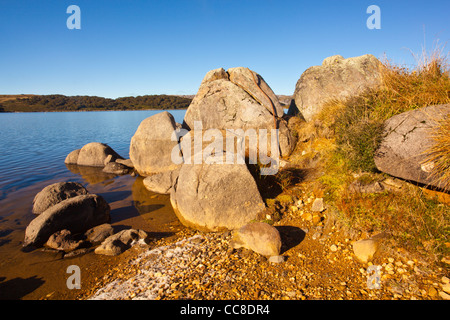 Früh morgens am Rocky Valley Reservoir in der Nähe von Falls Creek auf den Bogong High Plains in Alpine National Park, Victoria Stockfoto