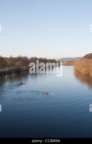 Blick nach Westen von der Brücke über den Fluss Tyne in Hexham, mit Ruderer training am Fluss unten. Hexham, UK. Stockfoto