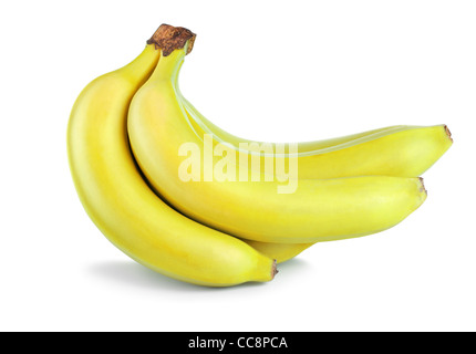 Reihe von gelben Bananen isoliert auf weißem Hintergrund Stockfoto