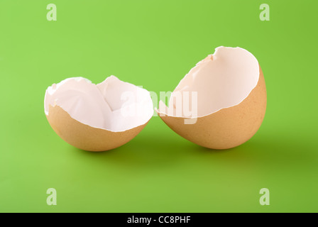 Zwei Stücke von braune Eierschale auf grünem Hintergrund Stockfoto