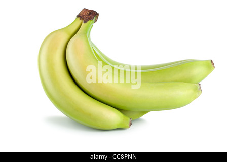 Eine Reihe von grünen Bananen, die isoliert auf weißem Hintergrund Stockfoto