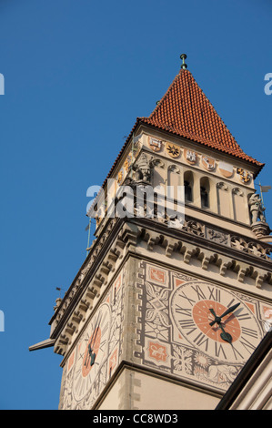 Deutschland, Bayern, Passau. 14. jahrhundert Rathaus Clock Tower. Stockfoto