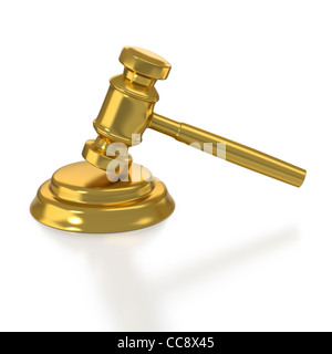 Hammer des Richters ruht auf weißem Hintergrund Stockfoto