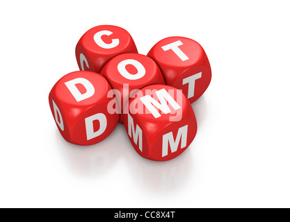 Roter Würfel für Dot Com auf weißem Hintergrund Stockfoto