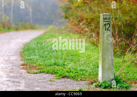 Alte steinerne Meilenmarkierung auf einem Joggen oder Wanderweg Stockfoto