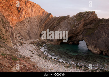 Stair Hole: Der geneigte "Lulworth Crumple" ist ein Musterbeispiel einer Kalkstein-Felsformation geprägt durch geologische Land zu Falten. Dorset, England, Vereinigtes Königreich. Stockfoto