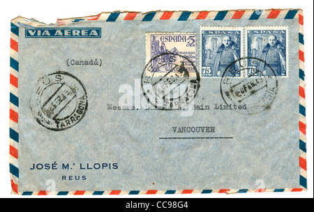 Vintage Luftpost Umschlag mit spanischen Briefmarken Stockfoto