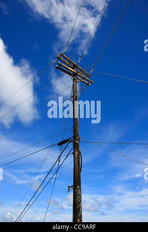 Aus Holz Strom Pyle über bewölktem Himmel Stockfoto