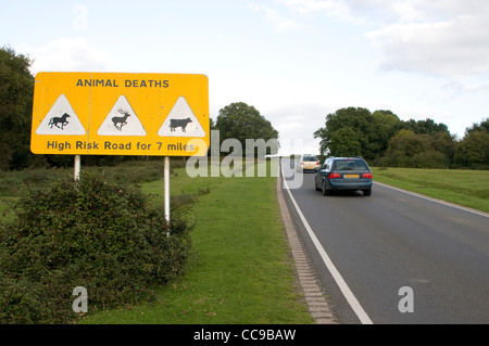 Eine Straße Tier Warnschild auf der B3078 in der Nähe von Fordingbridge im New Forest, Großbritannien. Stockfoto