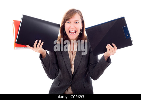 Glücklich begeistert junge Geschäftsfrau mit Dateien, isoliert auf weißem Hintergrund. Stockfoto