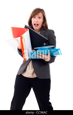 Porträt von gestressten vielbeschäftigte junge Geschäftsfrau eilen, isolierten auf weißen Hintergrund. Stockfoto