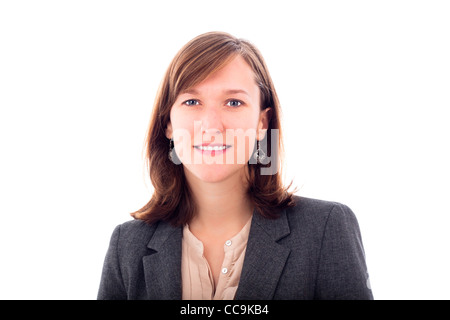 Porträt des jungen Geschäftsfrau lächelnd, isolierten auf weißen Hintergrund. Stockfoto