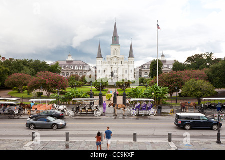 Pferd und Wagen Anbieter Line-up auf Decatur Straße vor Jackson Square im French Quarter von New Orleans, LA Stockfoto