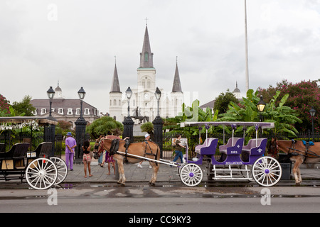 Pferd und Wagen Anbieter Line-up auf Decatur Straße vor Jackson Square im French Quarter von New Orleans, LA Stockfoto