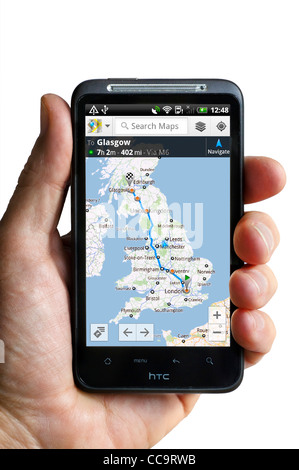 Google Maps Satellitennavigation auf ein HTC Desire HD Android-smartphone Stockfoto