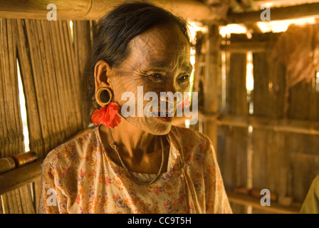 Kinn-Stammesfrau mit Spinnennetz-Design tätowiertes Gesicht. Myanmar Birma. Das Dorf Panmaung, Bundesstaat Chin. 2008 2000er Jahre HOMER SYKES Stockfoto