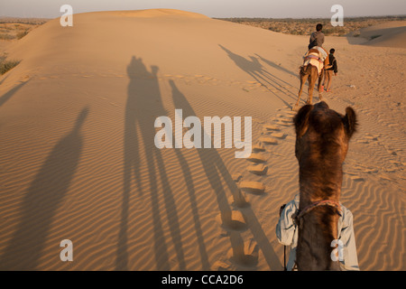 Sonnenuntergang-Kamel-Safari in den Sam Sand Dünen von die das Wüste, in der Nähe von Jaisalmer in Rajasthan, Indien. Stockfoto