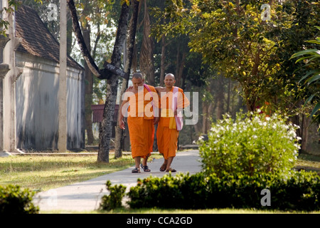 Zwei buddhistische Mönche gehen auf buddhistischen Tempelanlagen in der Nähe einer Pagode in Nan, Thailand. Stockfoto