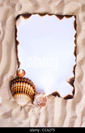 Verbranntes Papier auf dem Sand mit Muscheln Stockfoto