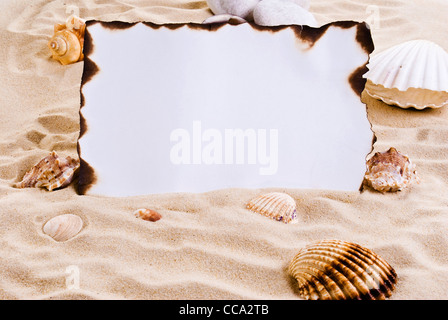 Verbranntes Papier auf dem Sand mit Muscheln Stockfoto