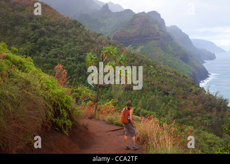 Ein Wanderer auf dem Kalalau Trail, Na Pali Coast, Kauai, Hawaii. (Modell freigegeben) Stockfoto