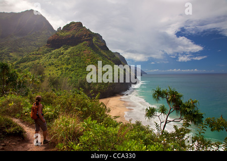 Wanderer blickt auf die Na Pali Coast vom Kalalau Trail nahe Hanakapi'ai Strand, Kauai, Hawaii. (Modell freigegeben) Stockfoto